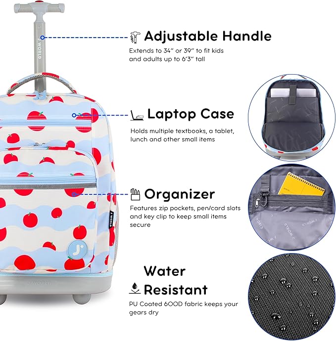 J World Sundance Laptop Rolling Backpack for Girls Boys. Roller Bookbag with Wheels, Floating Apple
