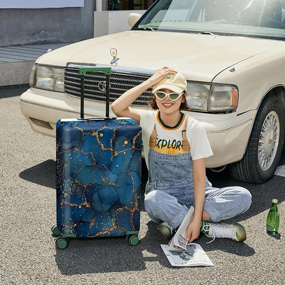 FOREVER QUEEN Blue Gold Luxury Marble Luggage Cover Suitcase Protector Suitcase Cover Anti-Scratch,Stretchable Bag Cover Washable Durable Polyester