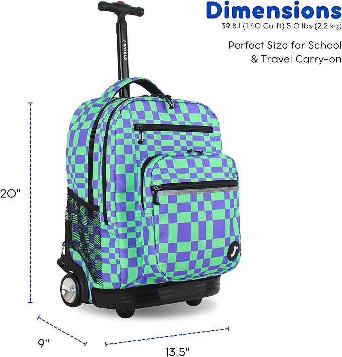 J World Sundance Laptop Rolling Backpack for Girls Boys. Roller Bookbag with Wheels, Pixel Checkers