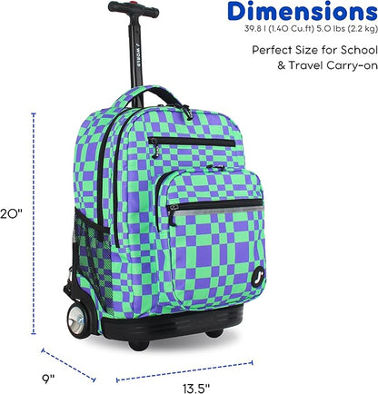J World Sundance Laptop Rolling Backpack for Girls Boys. Roller Bookbag with Wheels, Pixel Checkers