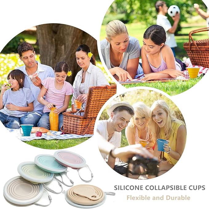 IYYI Collapsible Cup for Traveling, Silicone Foldable Cup, Camping Mug with Lid, Folding Mug for Camping, Hiking, Outdoors, Travel (4Pack-Pink-Green-Milk Tea-Beige)