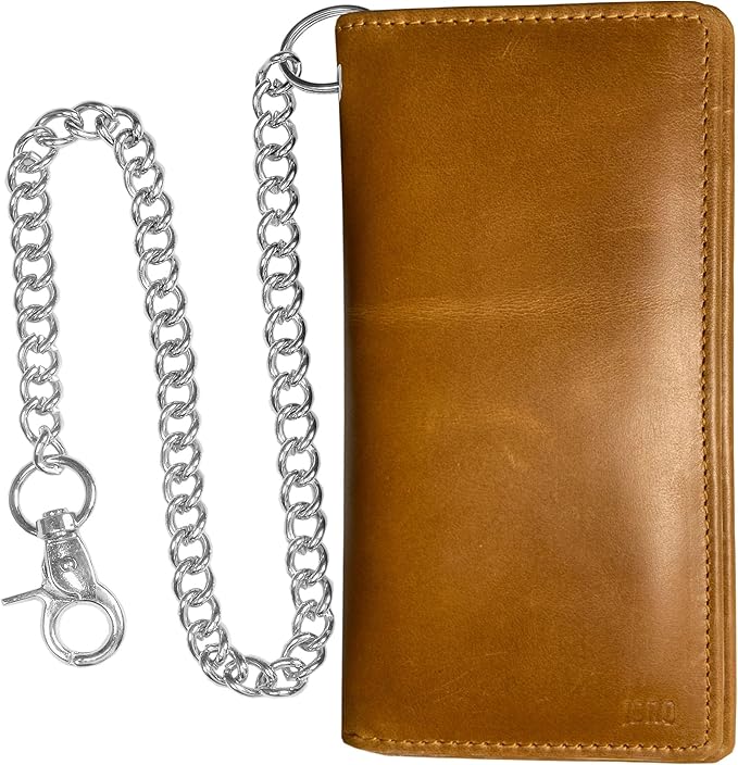 IBRO Long Bifold RFID Blocking Motorcycle Chain Wallet for Men Tan Crunch