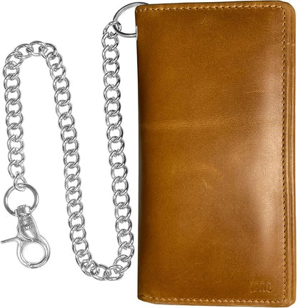 IBRO Long Bifold RFID Blocking Motorcycle Chain Wallet for Men Tan Crunch