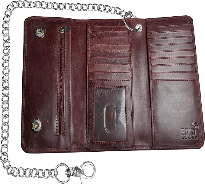IBRO VINTAGE Motorcycle Chain Wallet for Men – Premium Cowhide Leather, RFID Tri-Fold Biker Wallet with Heavy Duty Chain for Bikers Truckers & Hunters, Credit Card Money Organizer Long Wallet