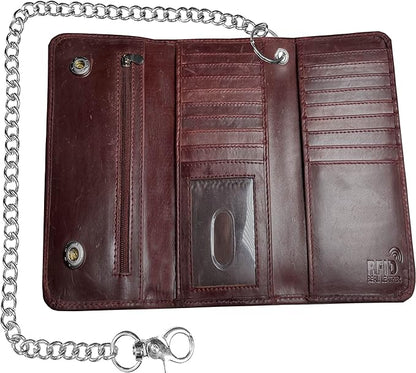 IBRO VINTAGE Motorcycle Chain Wallet for Men – Premium Cowhide Leather, RFID Tri-Fold Biker Wallet with Heavy Duty Chain for Bikers Truckers & Hunters, Credit Card Money Organizer Long Wallet