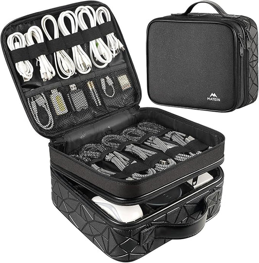 MATEIN Cable Organizer Bag, Waterproof Travel Electronic Storage, Shockproof Portable Double Layer Tech Bags Carrying Case for Cord, Earbuds, Charger, SD Card, DJ Gifts, Black
