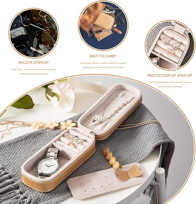 BONNY DODO Small Travel Jewelry Organizers Box for women with PU Leather Portable Mini Jewelry Case with compartments for Necklace Rings Earrings,Luxury Giftable boxes. (Champagne, S)