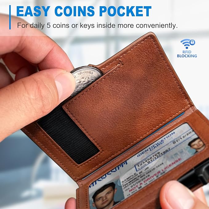 Men Wallet,with Money Clip Coins Pocket ID Window,Slim Front Pocket RFID Blocking Pop-up Card Holder 3.9"x 2.7", Gift Boxed