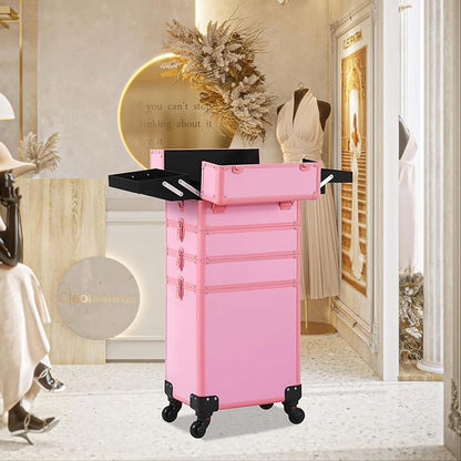 Makeup Train Case, Rolling Makeup Case with Lid, 5 in 1 Cosmetology Case on Wheels, Christmas Gift, Large Makeup Case Organizers, Profesional Cosmetic Case for Salon Barber, Pink