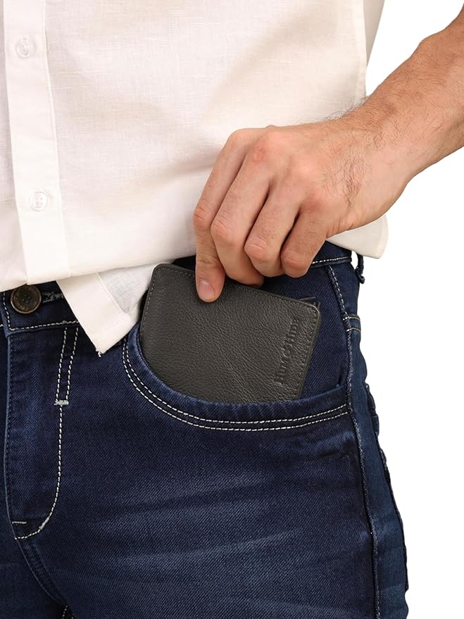 Hum & Hide Full-Grain Leather Wallet for Men – RFID Blocking Slim Bifold, Genuine Cowhide with 8 Card Slots, Coin Pocket & ID Window, Minimalist Leather Gift Wallet (Grey)