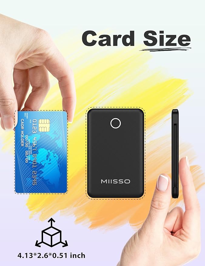 miisso 6000mah Ultra Slim Built in Cables Power Bank, Card Size Built in USB C Cords Battery Pack Portable Charger for Phones, 3 Output External Battery Pack Compatible with iPhone, Deep Black