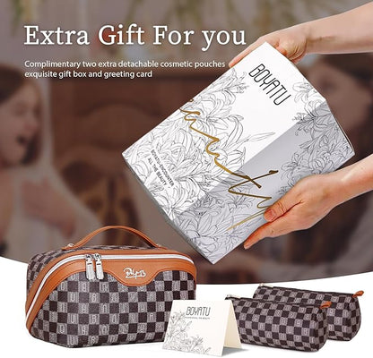 BOYATU Travel Makeup Bag Cosmetic Bags for Women: 3 Pcs Set Portable Make up Bag with Handle - Vegan Leather Toiletry Bags with Compartments - Makeup Organizer for Travel Essentials(C-2-Brown)