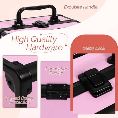 Makeup Train Case 2 Trays Makeup Box Organizer Portable Travel Makeup Case Lockable Makeup Storage Organizer Cosmetic Box for Jewelry Nail Tech Brushes Accessories Tool,Black Pink Pro