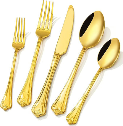 KINGSTONE Gold Silverware Set, 40-piece 18/10 Stainless Steel Flatware Set Cutlery Set for 8, for Kitchen, Home, Wedding, Party, Mirror Polished and Dishwasher Safe, Featured Gifts