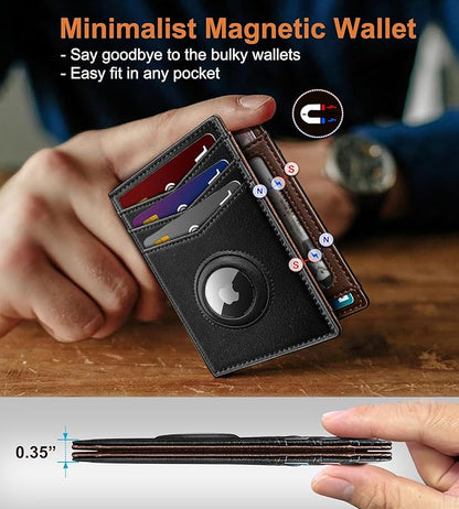 Airtag Slim Leather Wallet for Men - 12-Card Capacity, Magnetic Closure, Money Clip & Simplified Bill Compartment, RFID Blocking (4.3" x 3.0") | Gift Boxed