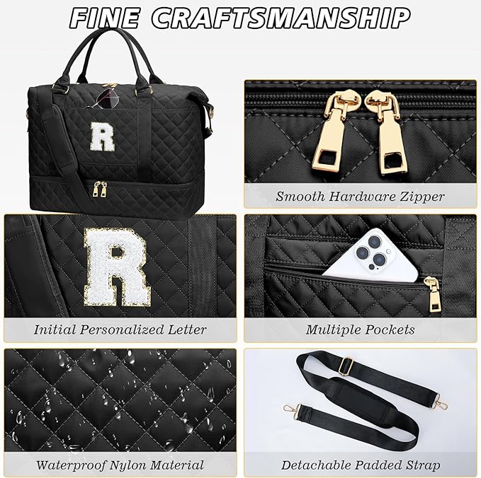 Gifts for Friend Women Girls Birthday Christmas Initial Travel Duffle Bag Quilted Weekender Bags Carry-On Overnight with Cosmetic Bag, Gym Bag with Shoe Compartment, Black R