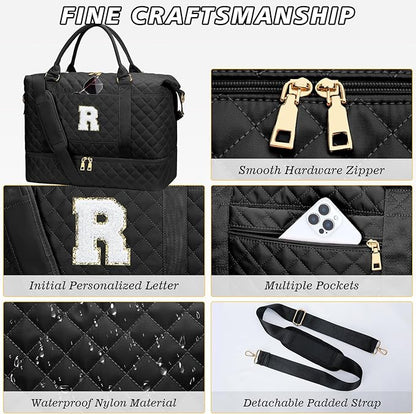 Gifts for Friend Women Girls Birthday Christmas Initial Travel Duffle Bag Quilted Weekender Bags Carry-On Overnight with Cosmetic Bag, Gym Bag with Shoe Compartment, Black R