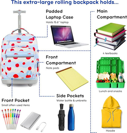 J World Sundance Laptop Rolling Backpack for Girls Boys. Roller Bookbag with Wheels, Floating Apple