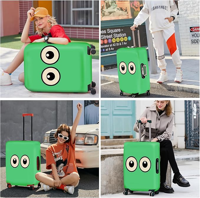 ANNA QUEEN Funny Cartoon Eyes Luggage Cover, Green Suitcase Protector with Cute Big Eyes Design, Travel Suitcase Cover for 28-30 Inch Luggage, Stretchable & Washable Spandex Travel Accessories