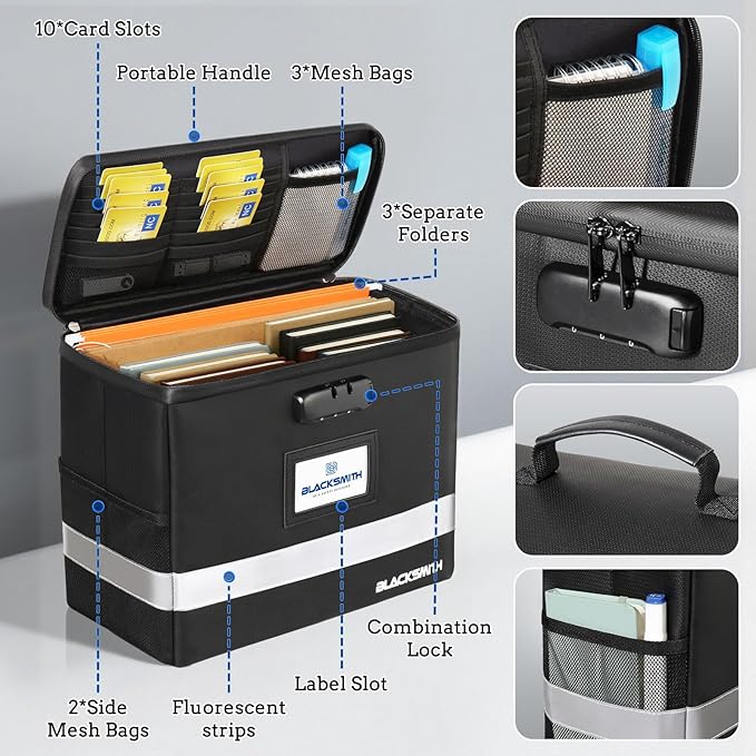 BlackSmith Fireproof Document Box With Lock, 4200°F Heat Resistant & IPX3 Waterproof Document Bag with Hanging File Organizer for Letter Size, Collapsible Portable File Safe Box for Office, Travel