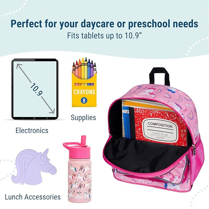 Wildkin 12-inch Kids Backpack – Padded, Adjustable, Ideal for Daycare & Travel - Rainbow Unicorns