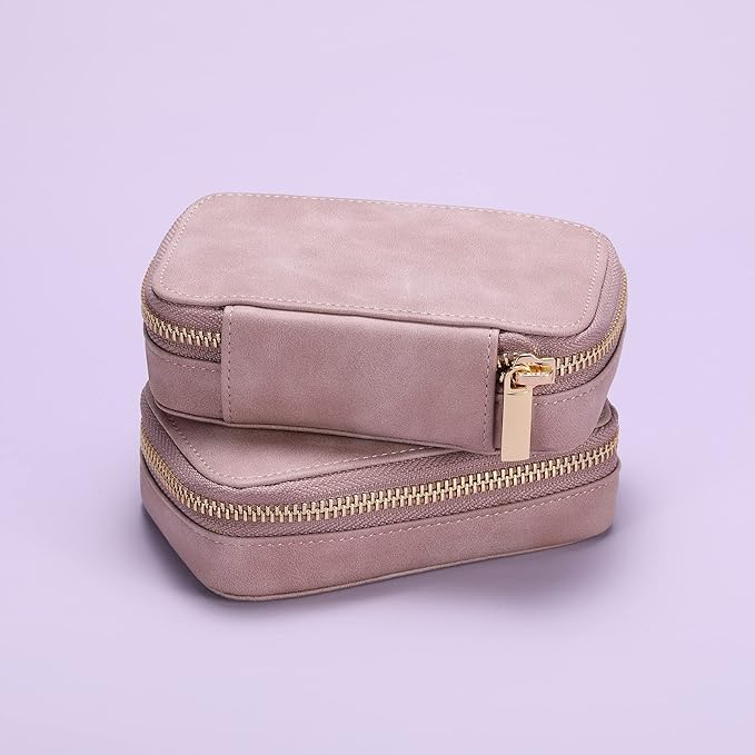 HISCOW Vegan Leather Travel Jewelry Case with Zipper - Portable Necklace & Earring Holder Organizer for Women Girls, Velvet-Lined Ring Box with Anti-Tarnish Design, Grayish Purple