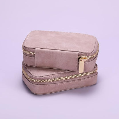 HISCOW Vegan Leather Travel Jewelry Case with Zipper - Portable Necklace & Earring Holder Organizer for Women Girls, Velvet-Lined Ring Box with Anti-Tarnish Design, Grayish Purple