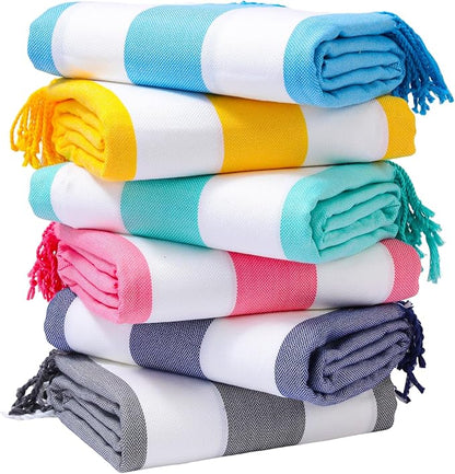 Genovega 6 Oversized Turkish Beach Bath Towel Set Bulk 74"x38" Extra Large Sand Free Quick Dry Swimming Camping Pool Clearance Towels Blanket Essentials Adult Multi Stripes Blue