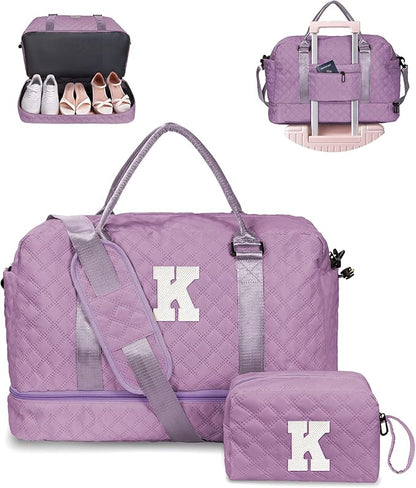 Girl Duffle Bag with Shoe Compartment, Tween Weekend Duffle Bag, Monogram Overnight Bag for Women with Trolley Sleeve & Wet Pocket, Letter Kids Travel Bag with Makeup Bag (Letter K)