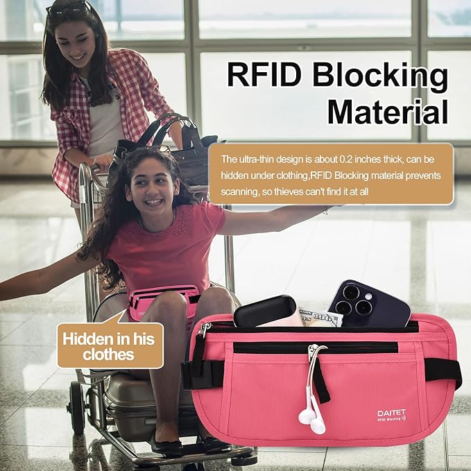 RFID Blocking Money Belt for Men Women, Slim Fanny Pack for Travel，Running,Conceal Waist Wallet for Passport Holder,Phone,Cash(Hot Pink)