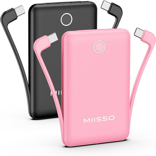 10000mAh Compatible with iPhone 15/16/17 and Android, Slim Portable Charger with Built in Cable, Power Bank Travel Charger External Battery Pack for Phone, 3 Output USB Type C, 2 Pack Black & Pink
