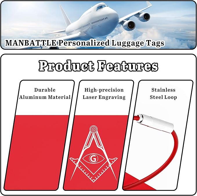 4 PCS Personalized Luggage Tags for Suitcases, Custom Aluminum Luggage Tags for Bags and Backpacks, Waterproof & Heavy Duty Personalized Metal Name Tags for Travel (Red)