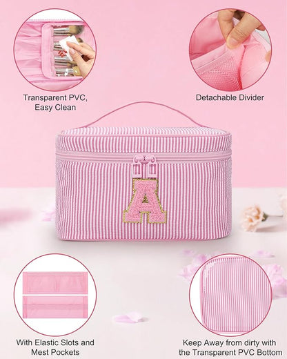 MONSTINA Personalized Initial Makeup Bag with Brush Holder and Divider for Women,Make Up Case for Girlfriend Bridesmaid Wife,Birthday Gift for Her Cute Toiletry Bag,2PCS,Pink L