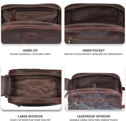 LEATHER VILLAGE Premium Leather Toiletry Travel Pouch With Waterproof Lining - Mulberry Brown | King-Size Handcrafted Vintage Dopp Kit Bag, Shaving & Bathroom Organizer, Gift for Men & Women