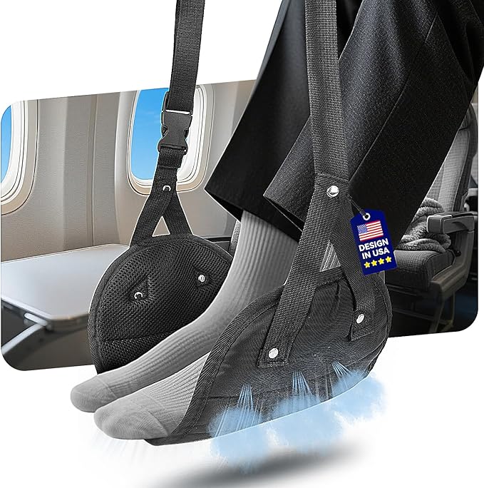 Ergonomic Airplane Foot Hammock(Memory Foam)-Ultimate Comfort Foot Hammock for Plane Travel Essentials to Relax Your Feet, Portable Airplane Foot Rest with Adjustable Strap, Perfect for Long Flight