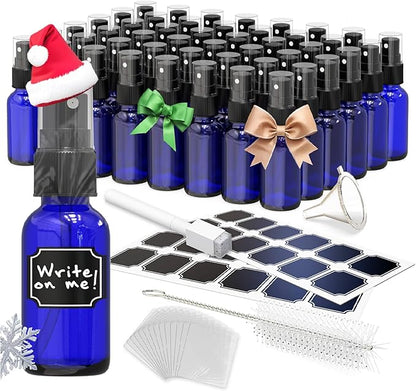 Nevlers Cobalt Blue Glass 1 Oz Small Spray Bottle 48 Pack | Misting Bottle Set w/Shrink Wrap, Funnel, Brush, Marker & Labels | Empty Spray Bottles For Essential Oils, Fragrance, Hand Sanitizer & More