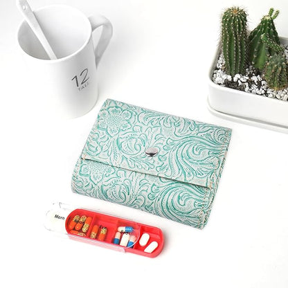 Pill Organizer,LIZIMANDU Weekly Travel Pill Case Box Medication Reminder Daily AM PM, Day Night 7 Compartments,for 4 Times A Day, 7 Days a Week-Includes Leather PU Carrying Case(1-Carved Green2)