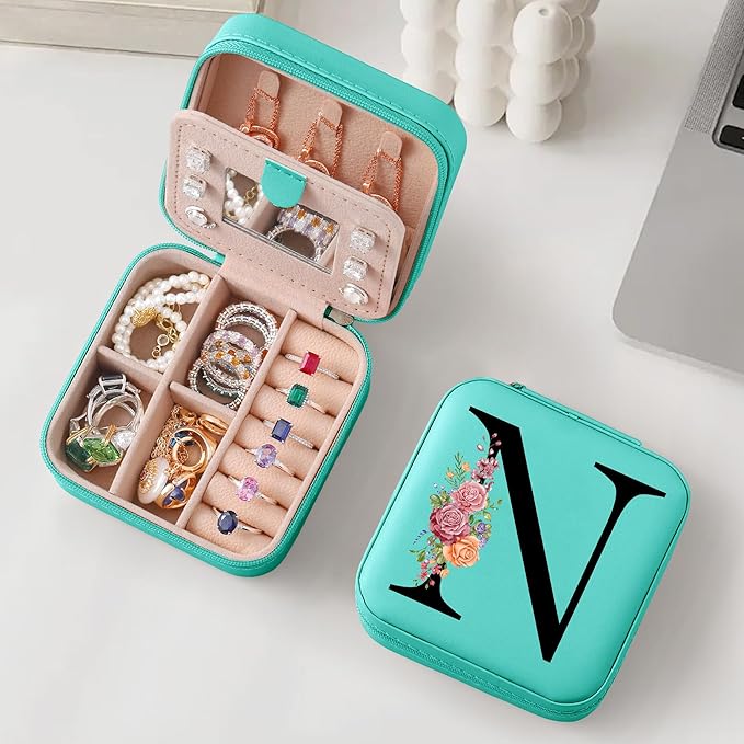 Parima Christmas Stocking Stuffers Gifts Travel Jewelry Box Jewelry Case - Small Travel Jewelry Boxes Organizer Holder Ring Earrings Case Travel Essentials for Women Mom Friends - Letter N, Blue