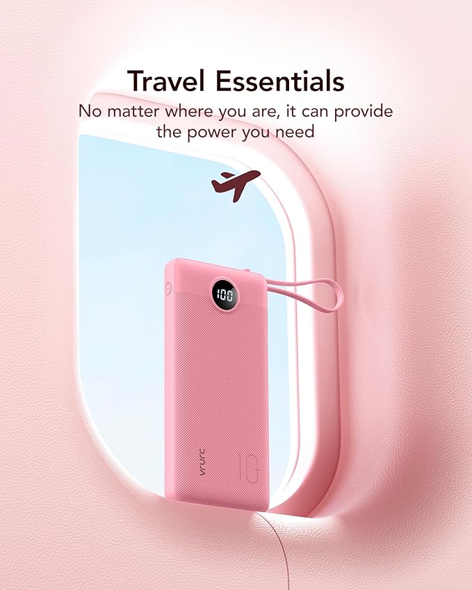 VRURC Portable Phone Charger, Travel Portable Charger with 4 Cables, 5 Outputs 2 Inputs Slim USB C Power Bank, Built-in Cables Cords for iPhone 17 16 15 14 13,Samsung,Android-Barbie Pink(1 Pack)