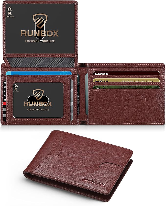 RUNBOX Wallet for Men Slim Rfid Leather 2 ID Window With Gift Box