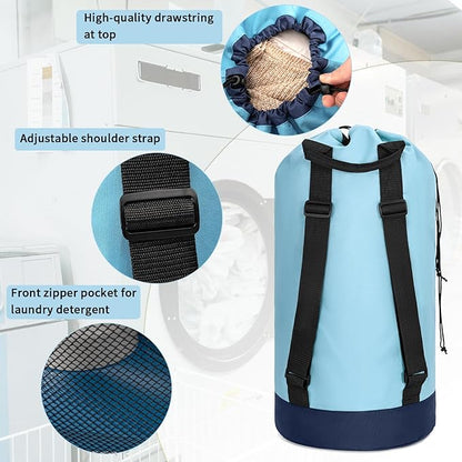 Laundry Bag Backpack with Shoulder Straps and Mesh Pocket Foldable Clothes Hamper Bag with Drawstring Closure for College, Apartment, Laundromat (Light Blue)