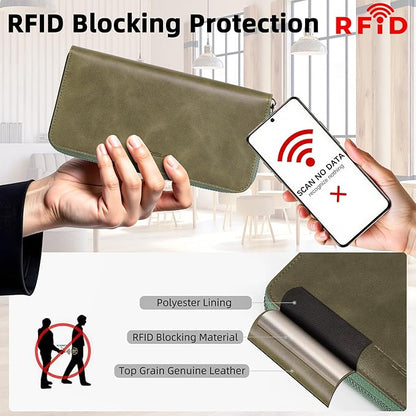 VISOUL Leather Long Zipper Pouch Wallet for Men and Women with RFID Blocking, Large Clutch Cash Long Wallet with Zipper (Olive Green)