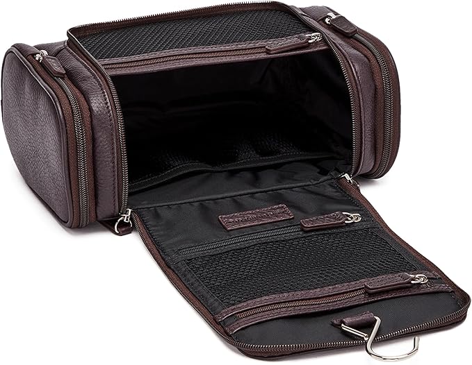 Leatherology Premium Espresso Small Hanging Toiletry Kit – Compact Leather Travel Organizer with Interior Zip Pockets, Mesh Pouches & Hanger | Full-Grain Leather Toiletry Bag for Men & Women