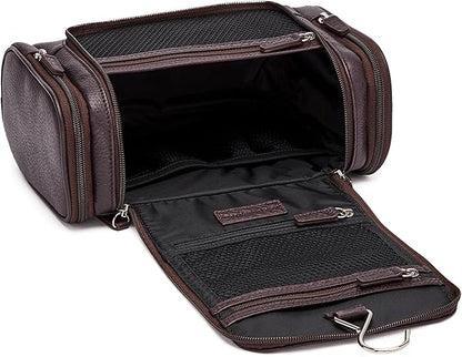 Leatherology Premium Espresso Small Hanging Toiletry Kit – Compact Leather Travel Organizer with Interior Zip Pockets, Mesh Pouches & Hanger | Full-Grain Leather Toiletry Bag for Men & Women