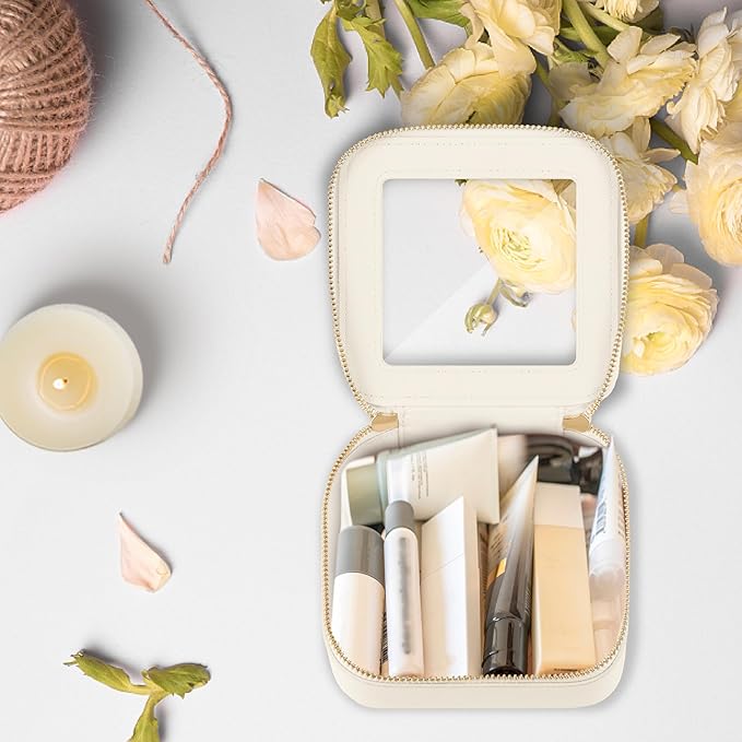 Prite Small Makeup Bag for Women Portable Clear Makeup Bag Cute Mini Waterproof Travel Cosmetic Bag with Gold Zipper for Car Essentials(Beige)