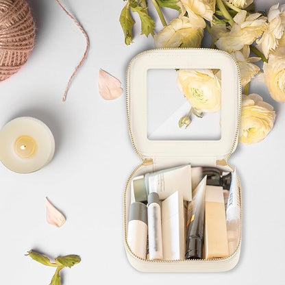 Prite Small Makeup Bag for Women Portable Clear Makeup Bag Cute Mini Waterproof Travel Cosmetic Bag with Gold Zipper for Car Essentials(Beige)