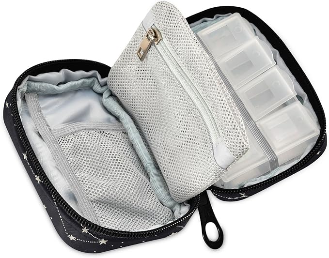 Black Stars Pill Organizer Box Case Container Holder 7 Days Weekly Travel Cute Vitamin Dispenser Sorter Planner Storage Small Compact Men Women