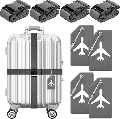Weewooday 8 Pcs Luggage Straps Suitcase Tags Set for TSA Approved, 4 Travel Adjustable Suitcase Belt, 4 Silicone Luggage Tags with Name ID Card Travel Accessories(Dark Gray,Airplane)