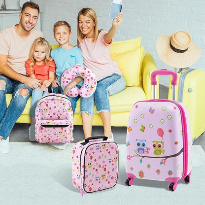 Goplus 5 Piece Kid’s Luggage Set, 16” Carry on Suitcase w/13” Backpack, Neck Pillow, Hardside Spinner Toddler Luggage, Travel Rolling Suitcase for Boys Girls Gifts (Pink, Owl)