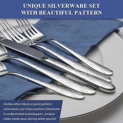 40 Piece Silverware Set Service for 8, EIUBUIE Premium Stainless Steel Cutlery Set, Mirror Polished Flatware Sets with Pattern Handle, Modern Kitchen Eating Utensils Sets Include Spoons Forks Knives
